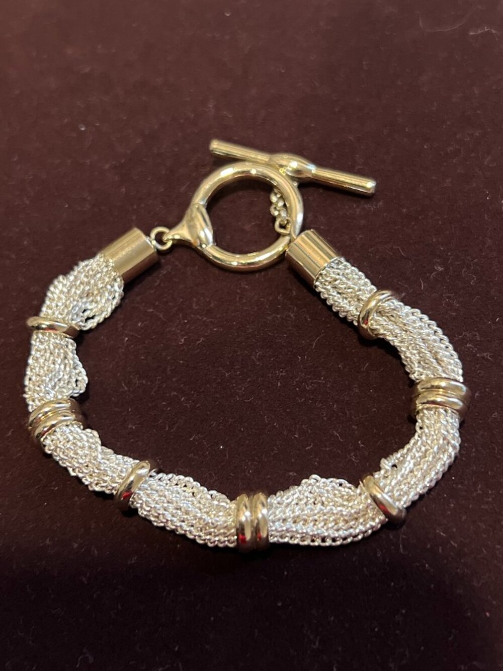 Silver Tone Multi Strand Braided Mesh Chain Toggle Bar Bracelet